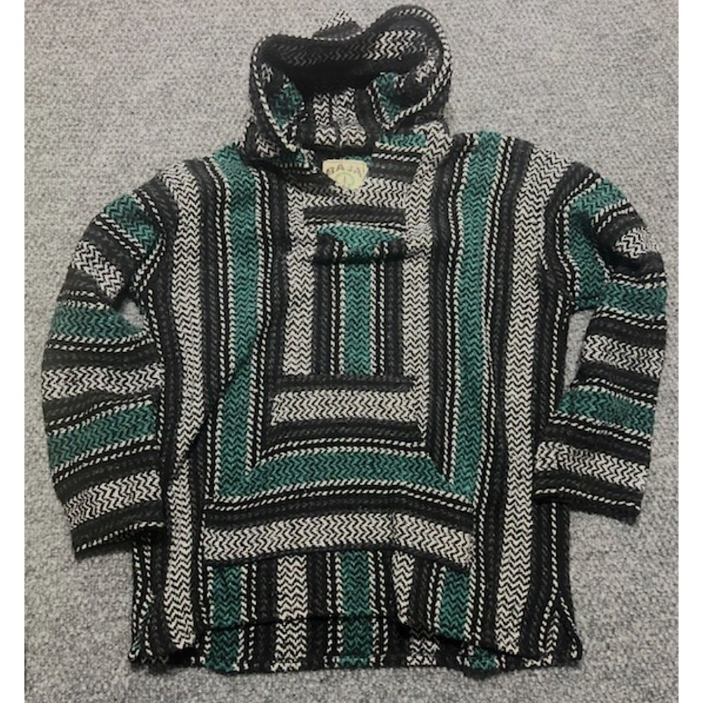 Baja Joe Men's XL Black/Green/White Striped Knit Pullover Hoodie Hooded Pockets‎